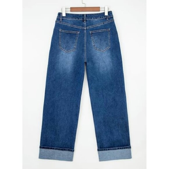 High Waisted Wide Leg Stretch Denim Jeans with Cuffed Hem & Pockets - Picture 7 of 8